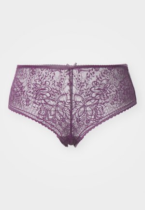 Lilla blonde trusser med blomster mønstre, bølgede kanter og en satin sløjfe bagpå. Delikat, semi-gennemsigtig design.