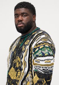 Pull en tricot avec des motifs multicolores complexes en noir, jaune, vert et blanc. Tissu texturé avec des motifs de points variés.