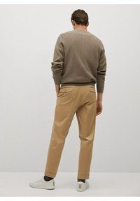 Beige katoenen broeken met een relaxed fit en achterzakken, gecombineerd met een taupe gebreid sweater en witte sneakers, weergegeven van achteren.