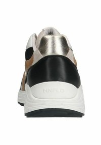 Sneakers featuring a black leather heel, tan suede panel, white and silver accents, with a textured rubber sole and embossed logo on heel.