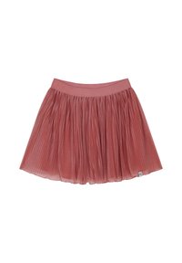 Jupe plissée de couleur rose poussiéreux, dotée d'une large taille et d'une silhouette évasée, fabriquée en tissu léger et semi-transparent.