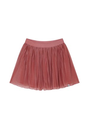 Pleated skirt in dusty rose color, featuring a wide waistband and a flared silhouette, made of lightweight, semi-transparent fabric.