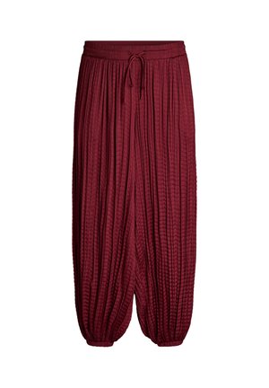 Burgunderrote plissierte Hosen mit weitem Bein, elastischem Bund und Kordelzug, mit gesammelten Bündchen an den Knöcheln.