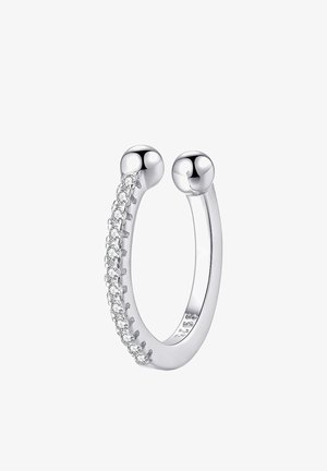 Boucle d'oreille créole ouverte en argent avec un côté serti de petites pierres précieuses rondes et transparentes et des extrémités lisses en forme de boule arrondie.