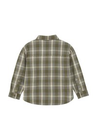 Zielono-beżowa koszula flanelowa w kratę, z długimi rękawami, guzikami przy mankietach, prostym dołem, kołnierzykiem i miękką teksturą w stonowanych kolorach.