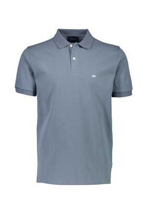 Polo en algodón azul claro con cuello clásico, tapeta de tres botones y mangas cortas. Presenta un sutil logo en el pecho.