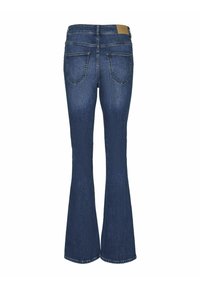 Mörkblå utsvängda jeans i denim. Har en midja med medelhög höjd, dubbla bakfickor och en läderlapp på midjebandet.