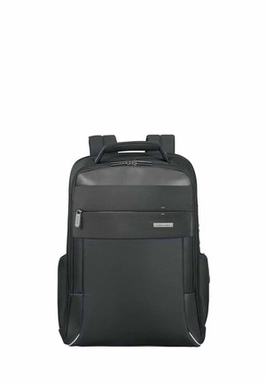 Black business backpack with padded straps, top handle, front zipper pocket, and sleek protective panels on a white background.