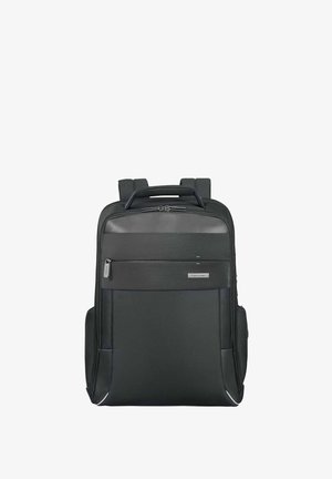 Black business backpack with padded straps, top handle, front zipper pocket, and sleek protective panels on a white background.