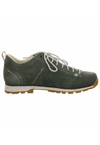Green suede shoe with white laces, a reinforced toe, and a textured rubber outsole. Features subtle stitching and a branded detail near the laces.