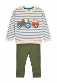 Gestreiftes Langarmoberteil mit Traktor-Applikation, grüne Leggings mit Knopfdetails an den Bündchen, aus einem Baumwollmix für Komfort und Langlebigkeit.