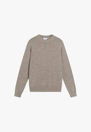 Jasnobrązowy sweter wykonany z teksturowanego dzianinowego materiału. Posiada okrągły dekolt oraz ściągacze przy mankietach i u dołu. Klasyczny krój, bez wzorów ani akcentów.