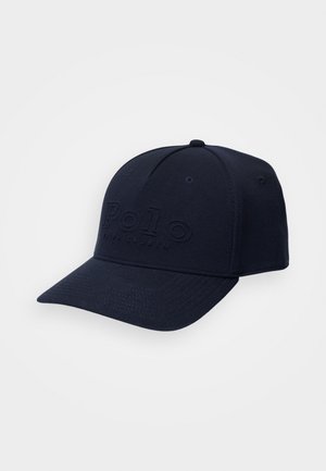 Black baseball cap with curved brim featuring raised "Polo Ralph Lauren" logo on front panel.