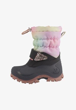 Botte imperméable avec une partie inférieure noire, un tige supérieure à dégradé pastel, un cordon de serrage réglable et un accent de boucle pailleté.