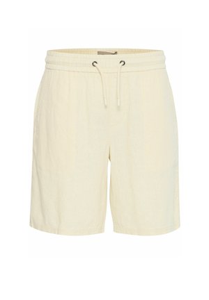 Shorts beige chiaro realizzati in tessuto morbido, dotati di una vita elastica con cordoncino, due tasche laterali e una vestibilità comoda.