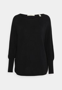 Schwarzer Strickpullover mit weitem Halsausschnitt, langen Ärmeln und lockerer Passform. Verfügt über eine gerippte Textur und seitliche Schlitze am Saum.