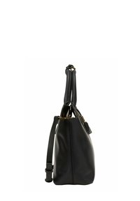 Schwarze Lederhandtasche mit glatter Textur, Seitenansicht zeigt zwei Griffe, einen abnehmbaren Schulterriemen und goldene Hardware-Details.