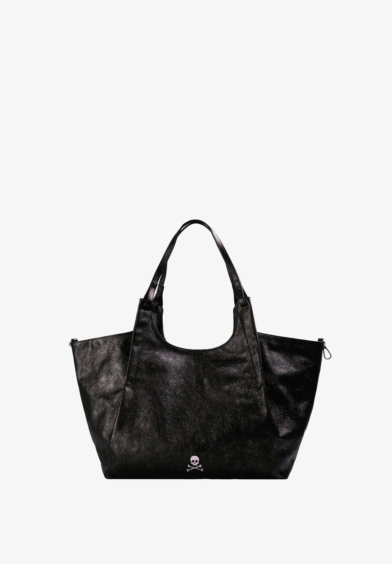 Mustat kantokassi, joka on valmistettu kiiltävästä tekonahasta. Varustettu kahdella tukevalla kahvalla ja edessä pienellä vaaleanpunaisella pääkallon ja ristiluuhin logolla.