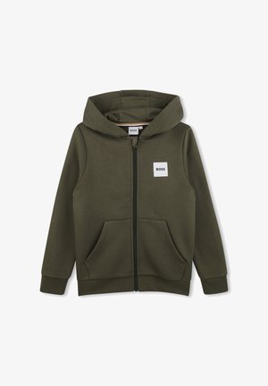 Bluza z kapturem w kolorze oliwkowej zieleni z pełnym zamkiem, przednimi kieszeniami i naszywką z logo "BOSS" na lewej stronie klatki piersiowej.