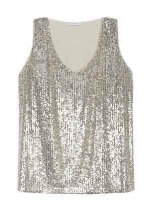 Ærmeløs sølvpaliettop med V-udskæring og lys beige inderfor, mærket "LUISAVIOLA" ved kraven.