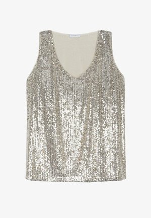 Ærmeløs sølvpaliettop med V-udskæring og lys beige inderfor, mærket "LUISAVIOLA" ved kraven.