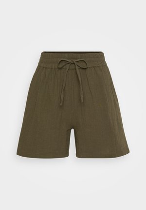 Olijf groene linnen shorts met een wijde pijpontwerp, elastische tailleband met een trekkoord en subtiele textuur.