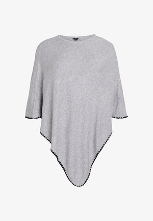 Lichtgrijze poncho met een asymmetrische zoom, gemaakt van zachte stof, met zwart gegolfde bies langs de randen en een wijde halslijn.