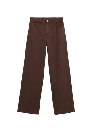 Jean marron taille haute à jambes larges avec fermeture à boutons sur le devant et design cinq poches, présenté sur fond blanc.
