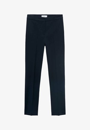 Pantalons navy en tissu tissé, avec une coupe droite, des plis avant et une ceinture lisse. Pas de poches visibles ni d'embellissements.