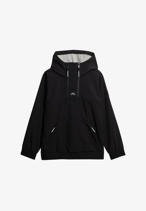 Chaqueta negra tipo pulóver con una gran capucha, puños elásticos y un bolsillo delantero. Cuenta con cordones ajustables y forro interior gris.