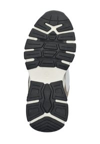 Zwarte rubberen schoenzool met een gestructureerd loopvlakpatroon, voorzien van een witte tussenzool en lichtbruine zijkanten.