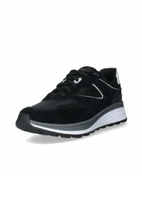 Sneaker nera sportiva realizzata con una combinazione di materiali in suede e mesh. Punta arrotondata, suola imbottita e dettagli bianchi a contrasto sulla tomaia.