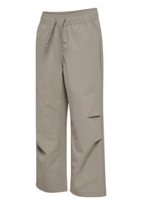 Spodnie khaki na gumce w talii z regulowanym sznurkiem; posiadają boczne kieszenie i luźny krój. Gładka faktura tkaniny.