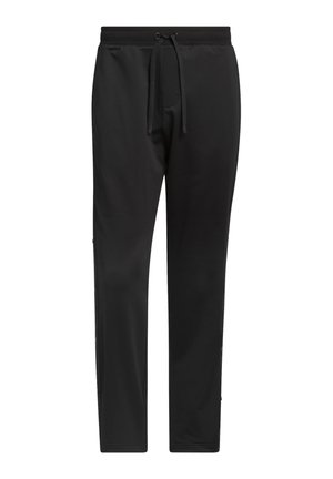 Mustat collegehousut sileästä kankaasta, joissa on joustava vyötärönauha, säädettävä nyöritys, sivutaskut ja kapenevat lahkeet.