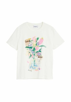 Hvid bomulds-t-shirt med et farverigt grafisk motiv af en blomsterkrukke i pink, grøn og blå, og tekst med ordene "Kærlighed" og "Fred."