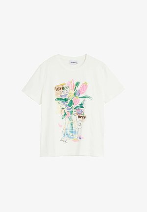 Hvid bomulds-t-shirt med et farverigt grafisk motiv af en blomsterkrukke i pink, grøn og blå, og tekst med ordene "Kærlighed" og "Fred."