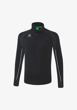 Black long-sleeve sports top with a zip collar, featuring white side stripes and an Erima logo on the chest, made from a textured fabric.