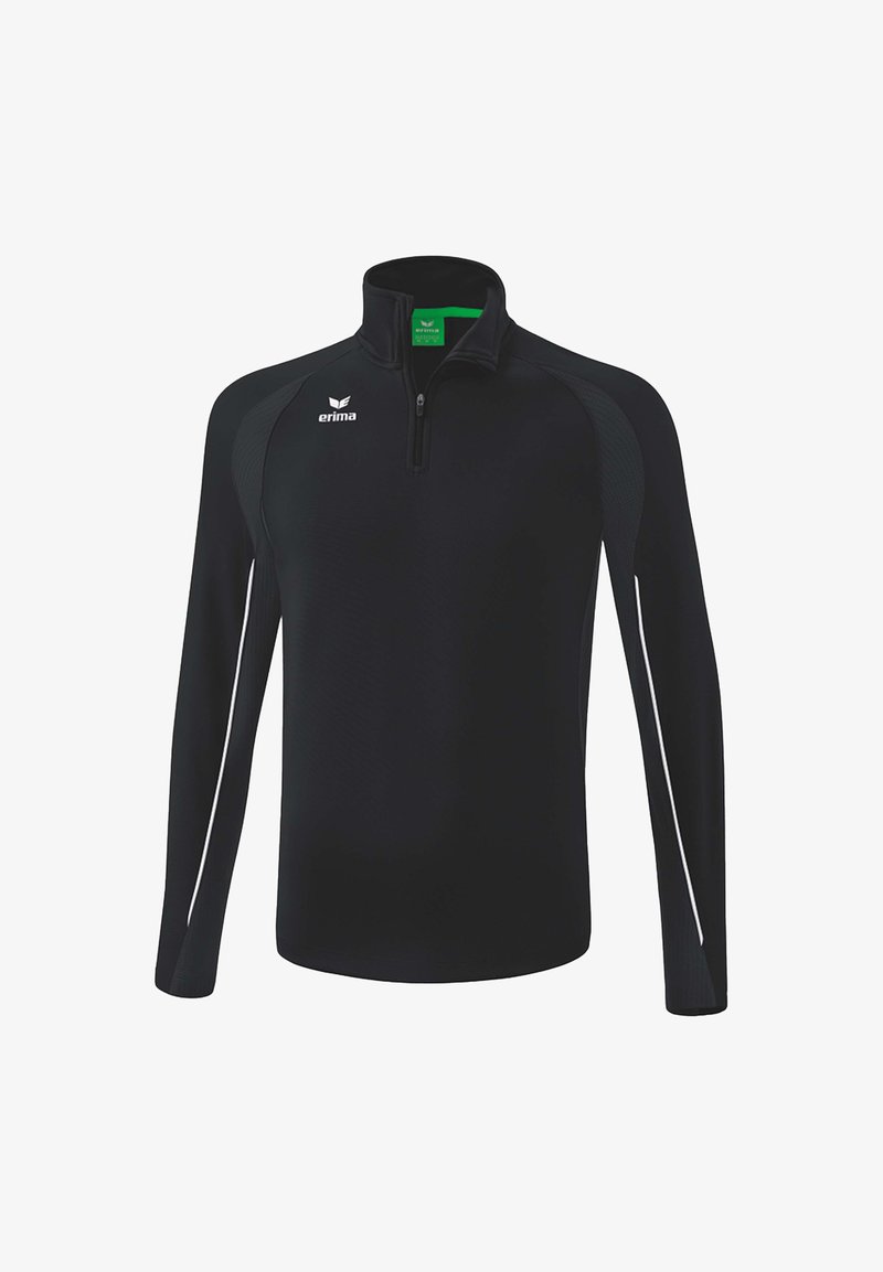 Schwarzes Sportoberteil mit langen Ärmeln und Reißverschlusskragen, mit weißen Seitenstreifen und einem Erima-Logo auf der Brust, aus einem strukturierten Stoff gefertigt.