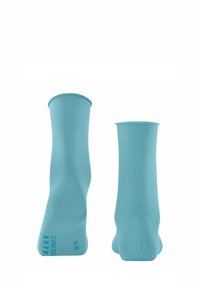 Blaue Crew-Socken aus weichem, dehnbarem Stoff mit glatter Textur. Verfügt über ein dezentes Logo und Größenangaben, die auf die Sohle gedruckt sind.