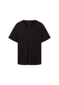 Tricou negru cu mânecă scurtă, din bumbac moale, cu decolteu rotund și un detaliu discret cu logo în partea inferioară frontală. Design simplu și clasic.