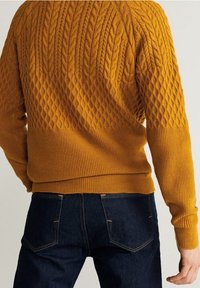 Homme portant un pull jaune moutarde en maille torsadée et un jean bleu foncé, vu de dos et de la taille vers le haut, main détendue sur le côté.