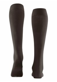 Schwarze Kniestrümpfe mit glatter Textur, geripptem Bund und nahtlosem Zehendesign. Das Material ist dehnbar und formschmeichelnd.