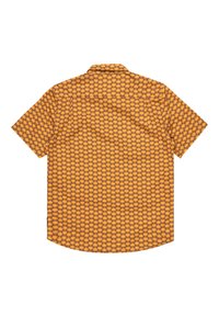 Short-sleeve shirt in yellow-orange with a grid pattern featuring small brown rectangles. Lightweight fabric, relaxed fit, and curved hemline.