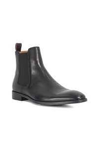 Black leather Chelsea boot with a smooth surface, elastic side panels, and a low heel. Features a pull tab at the back for easy wear.