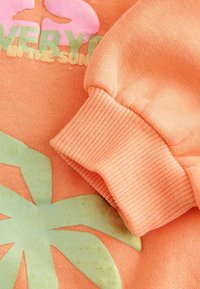 Sudadera de color durazno con puños acanalados, que presenta texto en verde y rosa y un gráfico de hoja de palma. Textura suave y corte relajado.