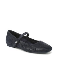 Ballerine blu navy, textured con cinturino incrociato e piccolo dettaglio in argento. Design con punta rotonda e tacco basso e piatto per il massimo comfort.