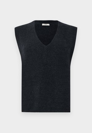 Gilet in maglia senza maniche di colore grigio scuro con scollatura a V. Presenta un bordo a coste sullo scollo e sull'orlo. Texture liscia, vestibilità casual, leggero.