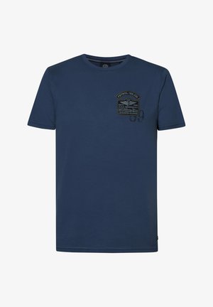 T-shirt in cotone blu navy con maniche corte, collo rotondo e una grafica sul davanti. Presenta accentuazioni di cucitura con una consistenza liscia.