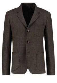 Brun herringbone-blazer med två framfickor, slagkrage och tre knappar. Strukturväv med subtila färgade trådar genom hela.