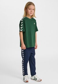 Camiseta de algodón verde con rayas en chevron grises en las mangas, combinada con pantalones marinos que tienen una raya a juego, y zapatillas blancas con acentos verdes.
